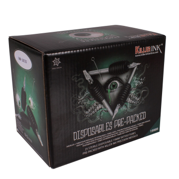 25 stk. Assortert Blanding Killer Ink engangsgrep/Tip 19mm Tubes Komplett med Precision 0.35mm tatoveringsnål